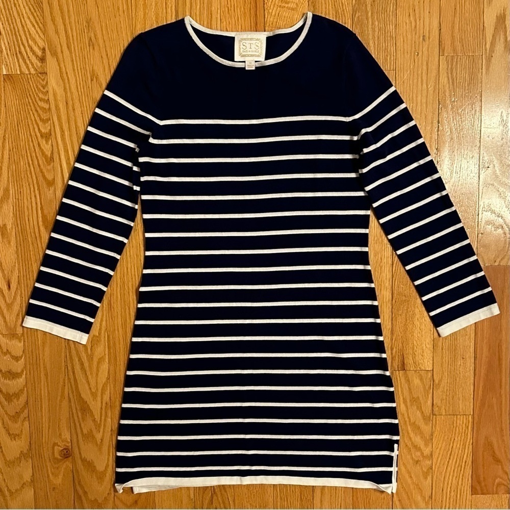 Sail to Sable Navy Blue & White Striped Knit Shift Dress Sz M preppy long sleeve